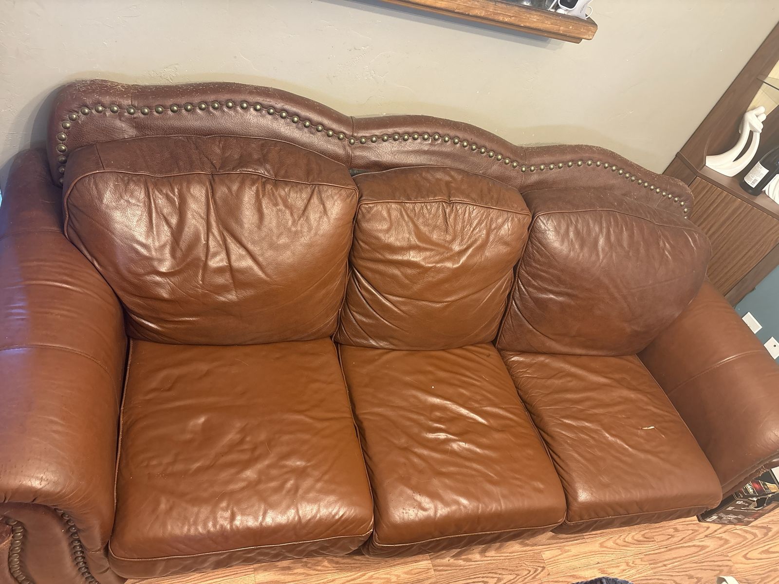 Brown Leather 3-Seater Sofa with Nailhead Trim and Scuffed Wear