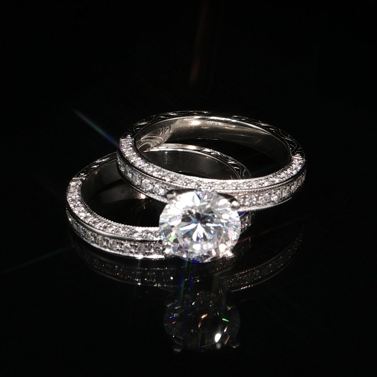 14K White Gold Diamond Engagement Ring Set with Vintage Engraved Detailing