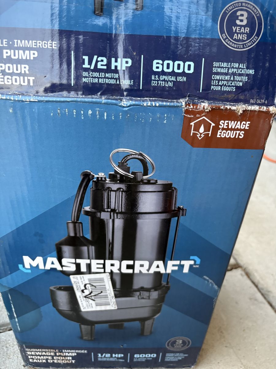 Mastercraft 1/2 HP Submersible Sewage Pump - Oil-Cooled, 6000 GPH, 3-Year Warranty