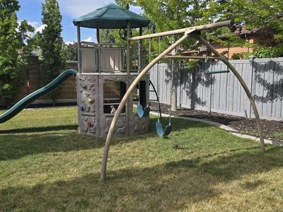Kids Outdoor Playset Swing Set w/ Slide & Climbing Wall
