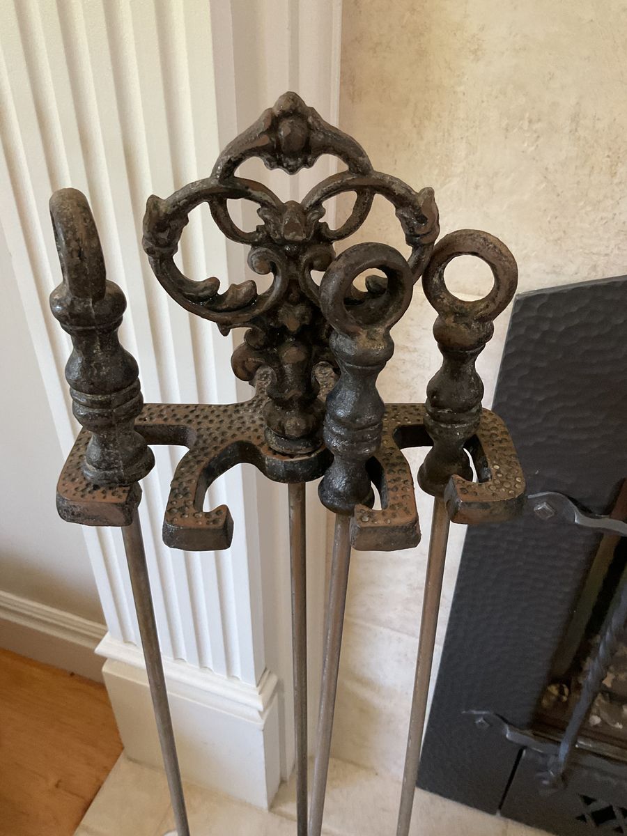 Vintage Brass Cast  Iron Fireplace Tool Set Ornate 4 Piece Set