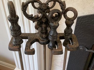 Vintage Brass Cast Iron Fireplace Tool Set Ornate 4 Piece Set
