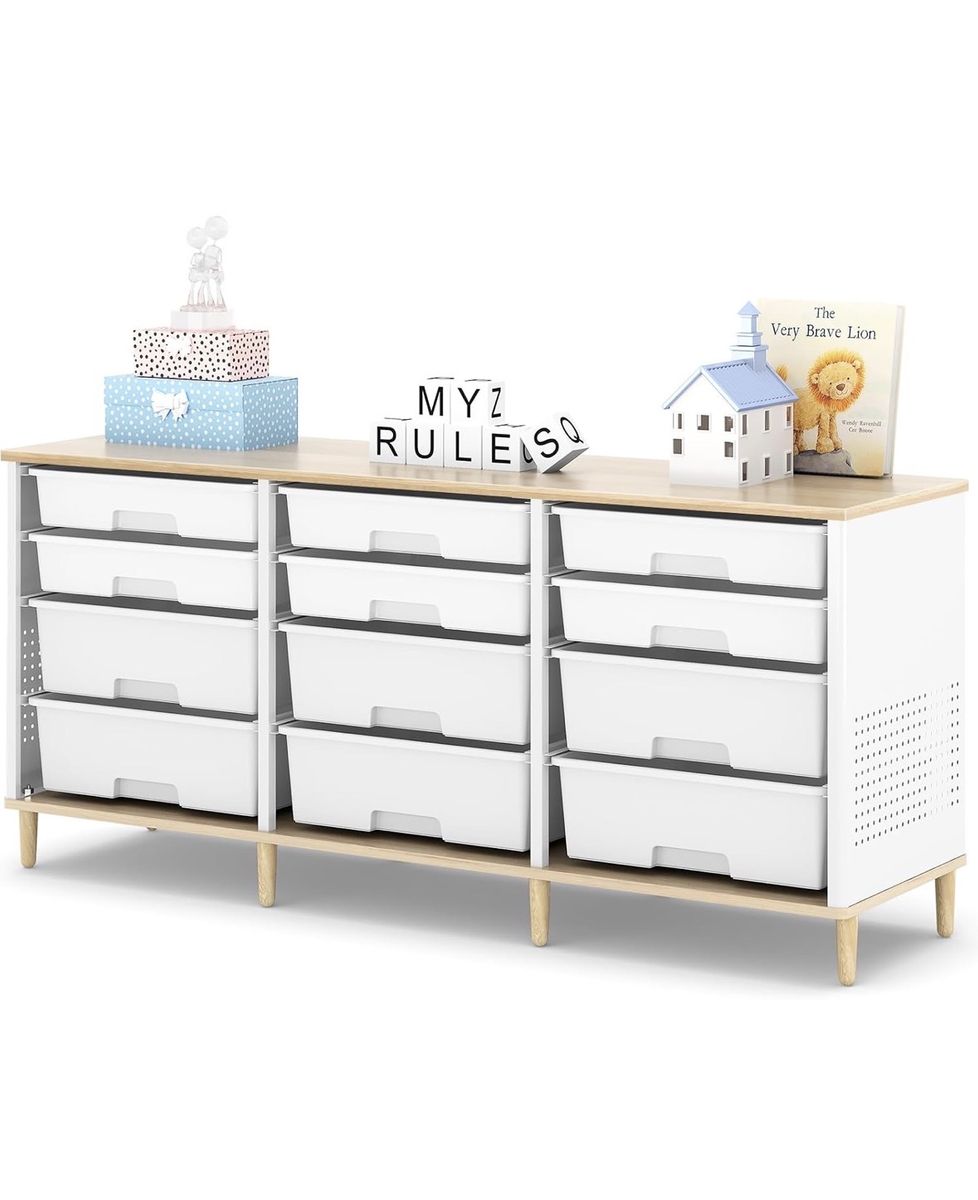 12 Drawers Storage Cabinet with Wooden Top and Plastic Bins