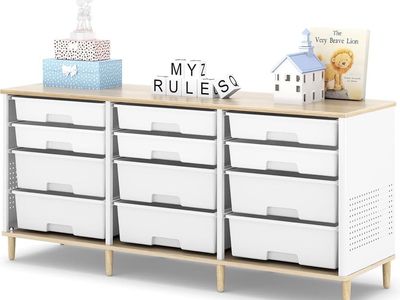 12 Drawers Storage Cabinet with Wooden Top and Plastic Bins