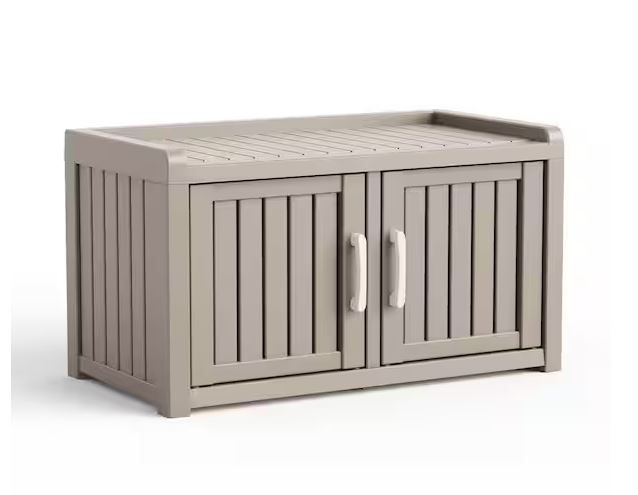 NEW! Storage Cabinet Bench Outdoor/Indoor w/2 Doors Waterproof Resin Gray 32”W x 17”D x 18”H