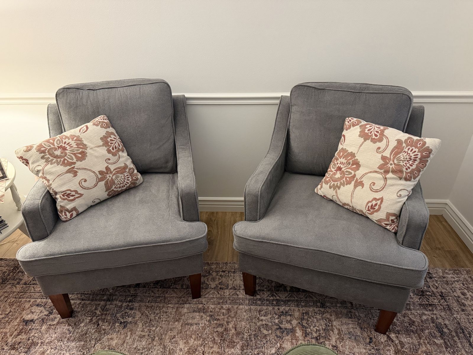 Pair of Gray Upholstered Armchairs with Tapered Wood Legs - Living Room Accent Chairs