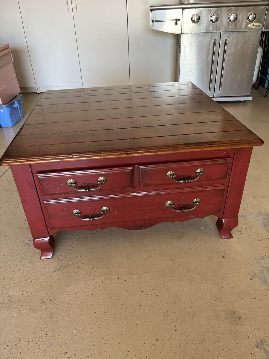 Rustic Red Wood Coffee Table with Storage Drawers - Farmhouse Chic