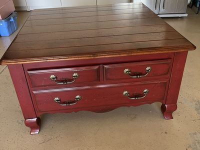 Rustic Red Wood Coffee Table with Storage Drawers - Farmhouse Chic