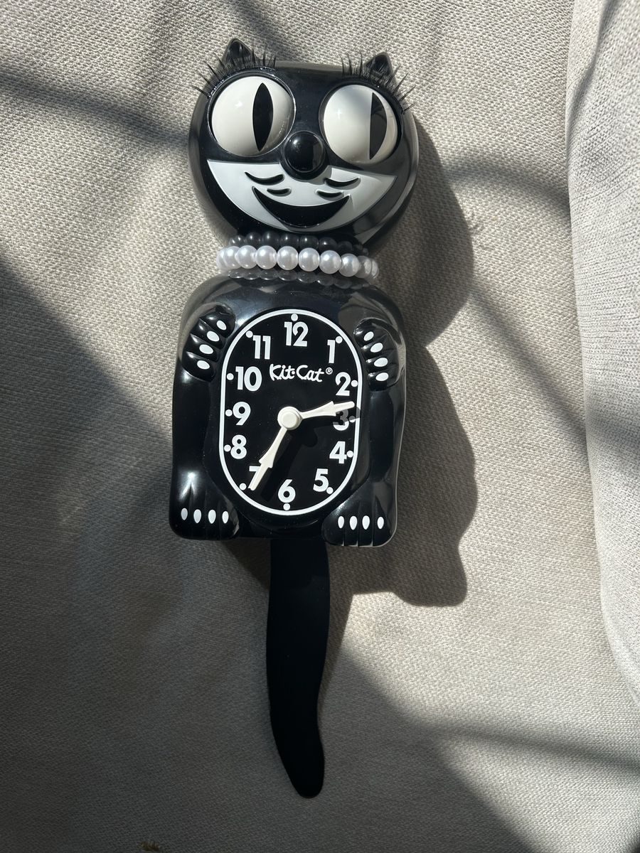 Kit-Cat Klock Black Cat Wall Clock with Pearls - Classic Vintage Style, Moving Eyes & Tail