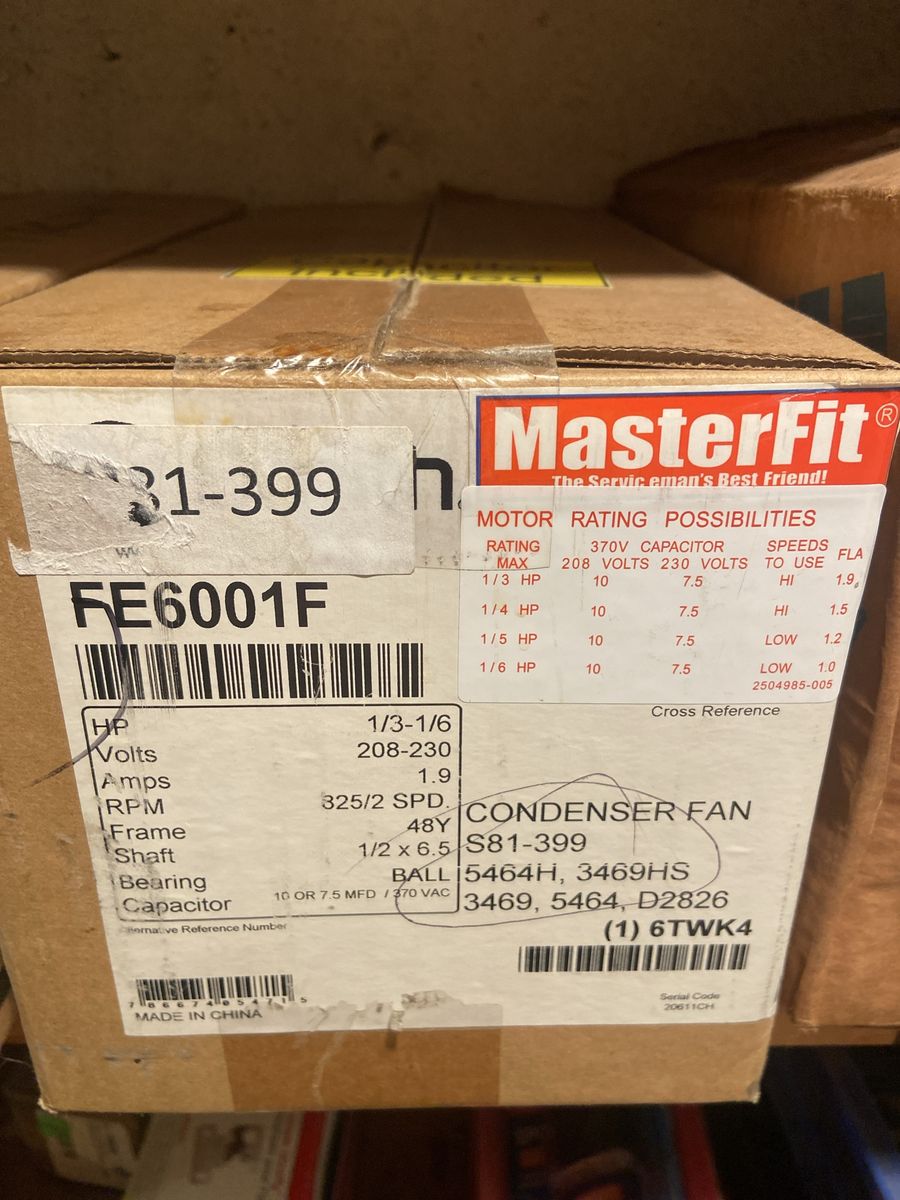 MasterFit FE6001F Condenser Fan Motor, 1/3-1/6 HP, 208-230 Volts, 325/2 SPD