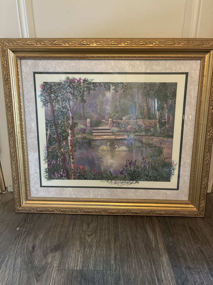 Framed Swan Pond Landscape Wall Art with Ornate Gold Frame