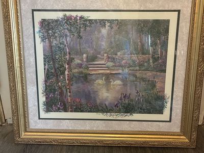 Framed Swan Pond Landscape Wall Art with Ornate Gold Frame