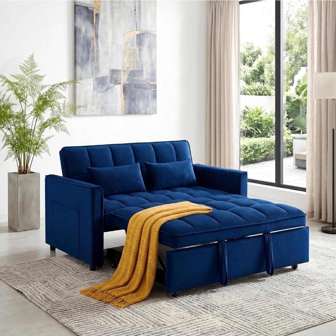 New Convertible Sleeper Sofa Bed –Dark Blue Velvet | Pull-Out Bed | Adjustable Backrest #442