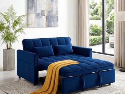 New Convertible Sleeper Sofa Bed –Dark Blue Velvet | Pull-Out Bed | Adjustable Backrest #442