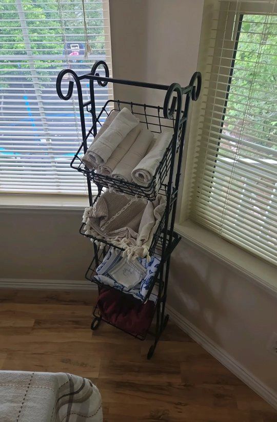 Wrought Iron 3-Tier Storage Basket Rack - Rustic Farmhouse Bathroom/Kitchen Organizer