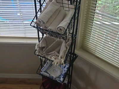 Wrought Iron 3-Tier Storage Basket Rack - Rustic Farmhouse Bathroom/Kitchen Organizer