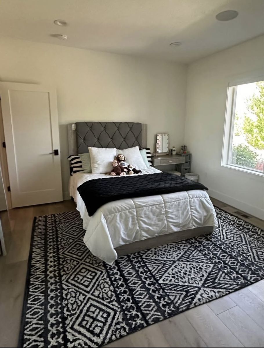 Queen bed frame padded headboard, matching side rails and footboard