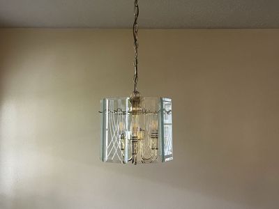 Vintage Brass & Glass Chandelier - 3-Light Geometric Pendant Light Fixture