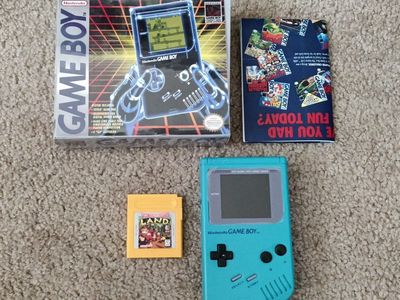 Nintendo Game Boy Original Teal Console & Donkey Kong Land Game - Dot Matrix Stereo Sound