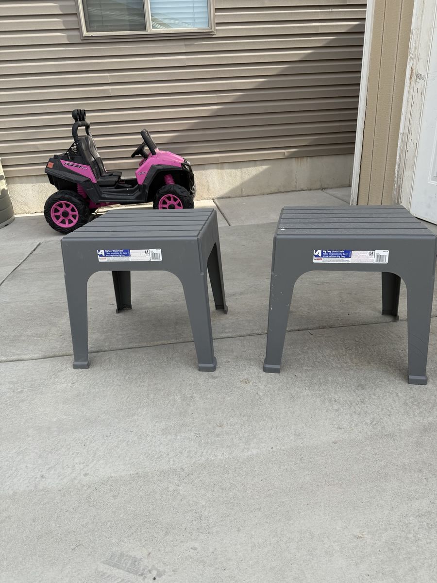 2 Outdoor Patio Side Tables, Gray Plastic Slatted Top, All-Weather