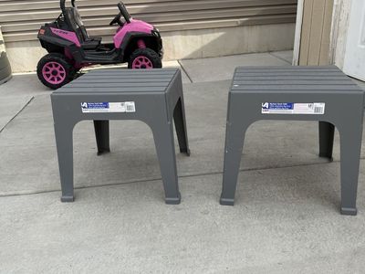 2 Outdoor Patio Side Tables, Gray Plastic Slatted Top, All-Weather