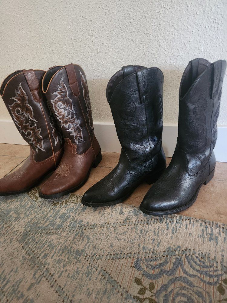 Men's Western Cowboy Boots - Size 9 (2 Pairs: Brown & Black)