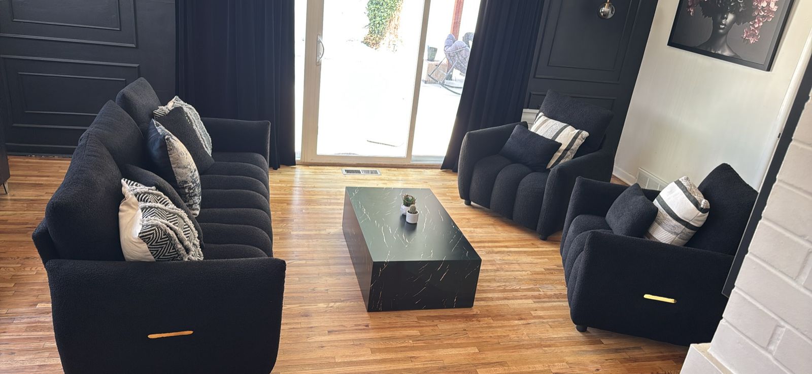 Modern Black Bouclé Living Room Set - Sofa and Two Armchairs with Throw Pillows