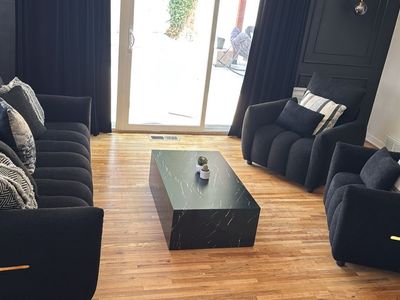 Modern Black Bouclé Living Room Set - Sofa and Two Armchairs with Throw Pillows