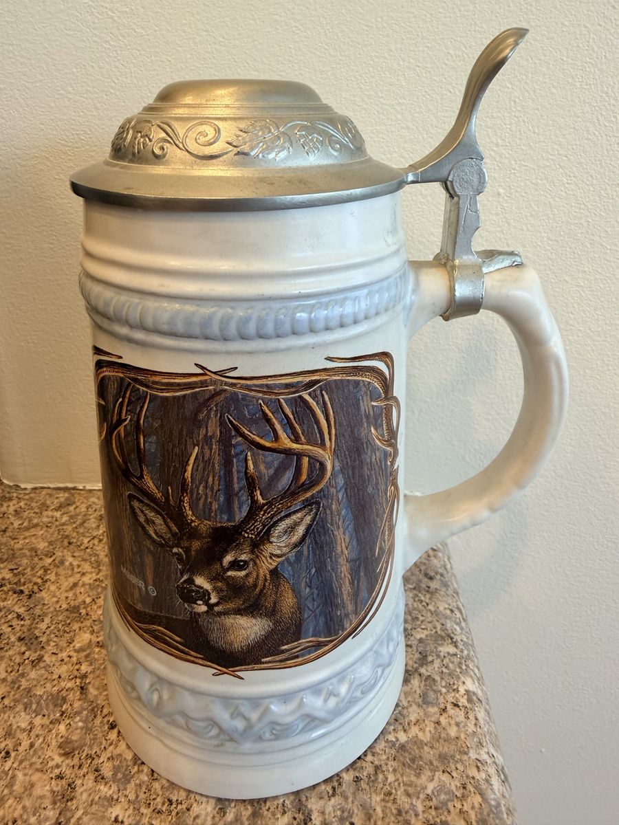 Vintage Ceramic Deer Buck Wildlife Beer Stein Mug with Pewter Lid
