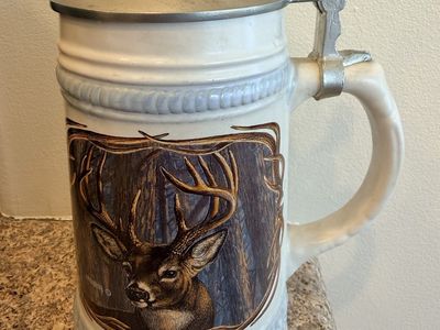 Vintage Ceramic Deer Buck Wildlife Beer Stein Mug with Pewter Lid