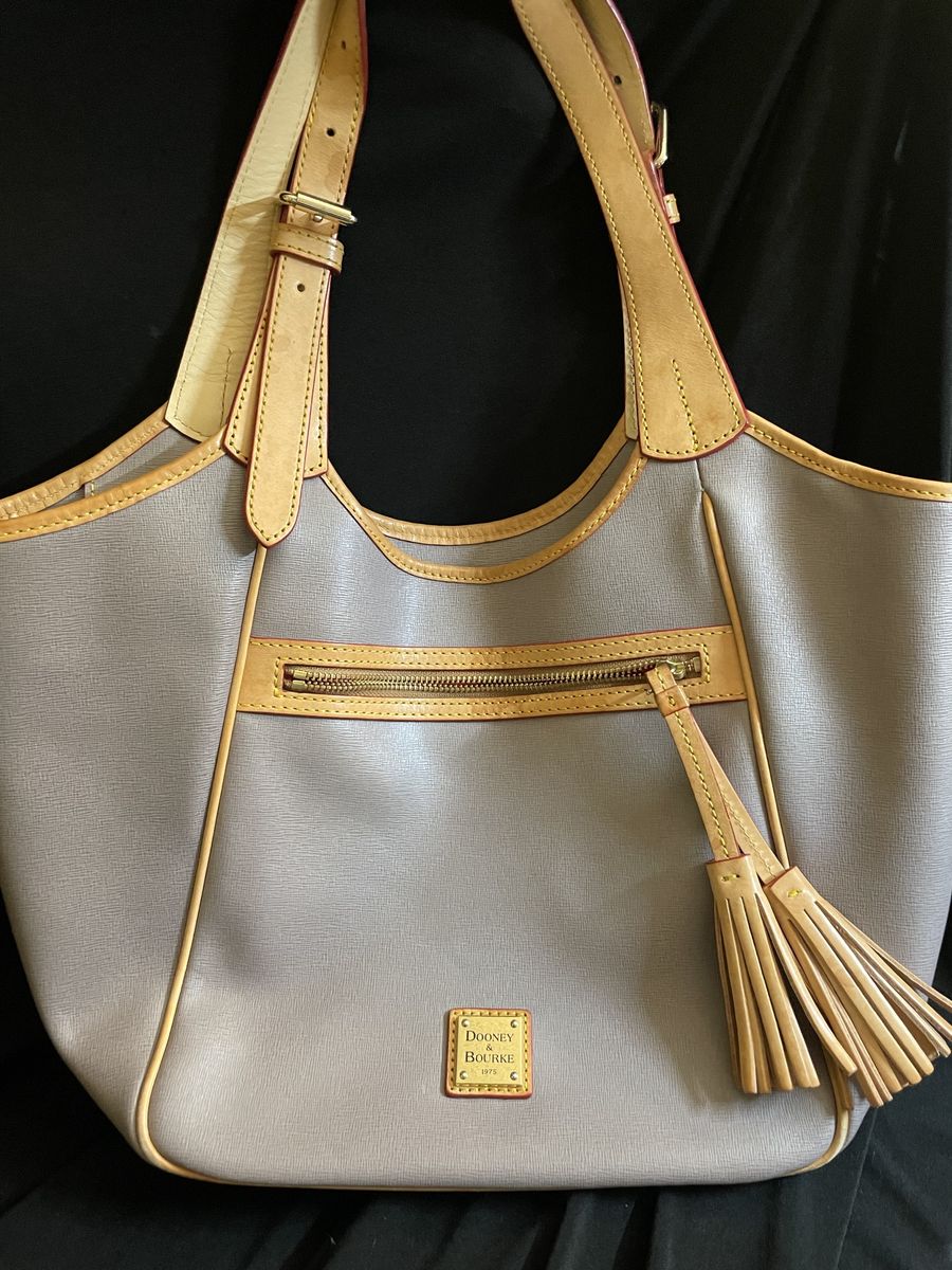 Dooney & Bourke Grey Leather Trim Shoulder Bag Tote with Tassel