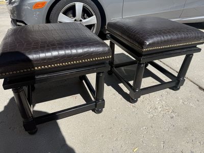 Pair of Dark Brown Faux Crocodile Ottoman Footstools with Nailhead Trim, Square Accent Furniture