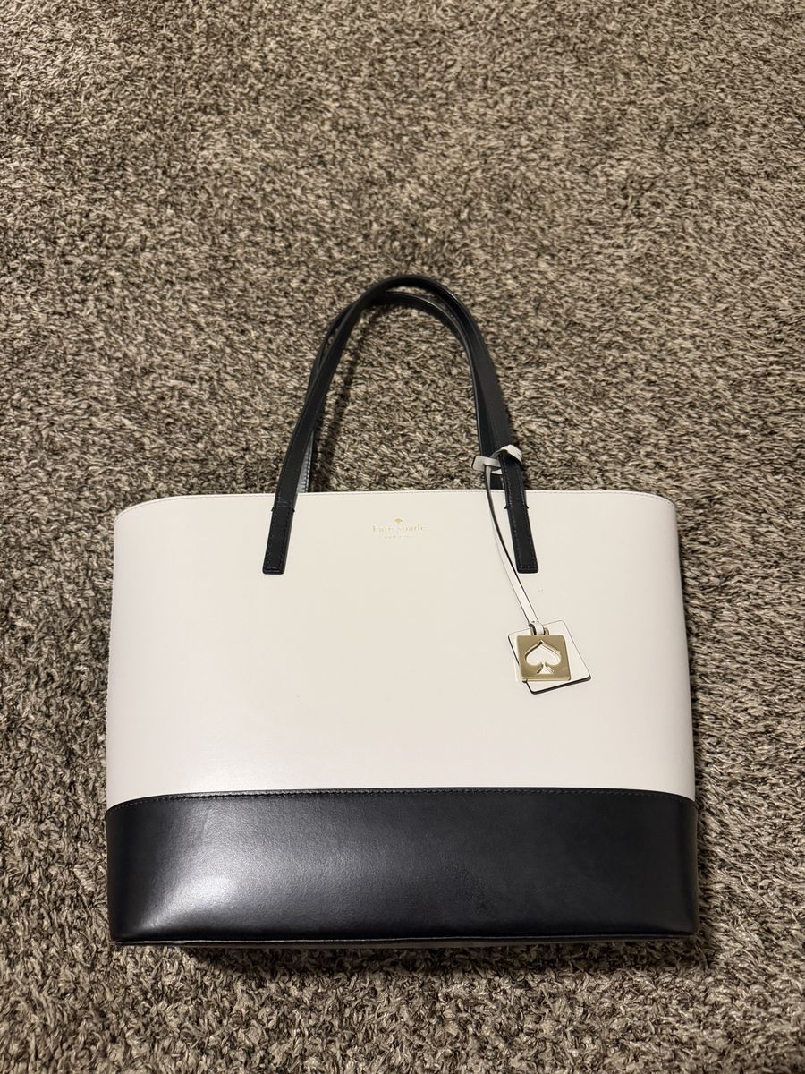 Kate Spade New York Two-Tone White Black Leather Tote Bag with Zippered Pouch