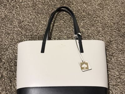 Kate Spade New York Two-Tone White Black Leather Tote Bag with Zippered Pouch