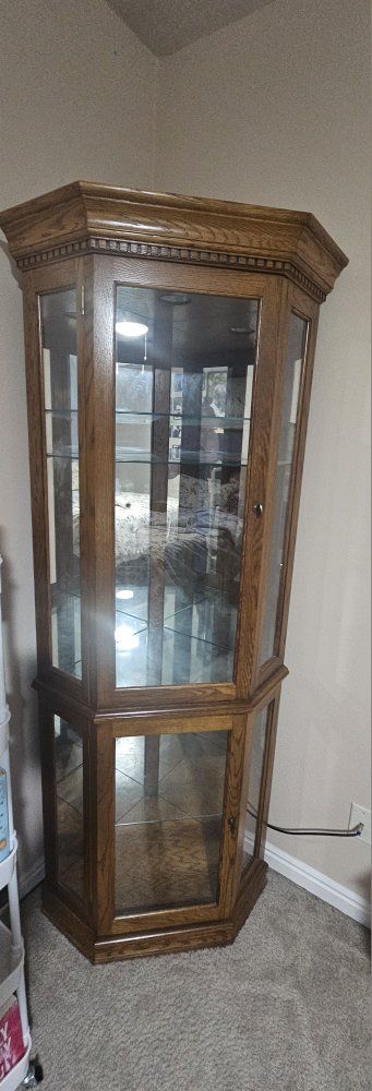 Wooden Corner Display Cabinet with Glass Shelves and Interior Lighting