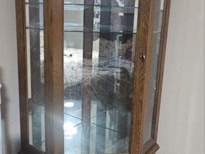 Wooden Corner Display Cabinet with Glass Shelves and Interior Lighting