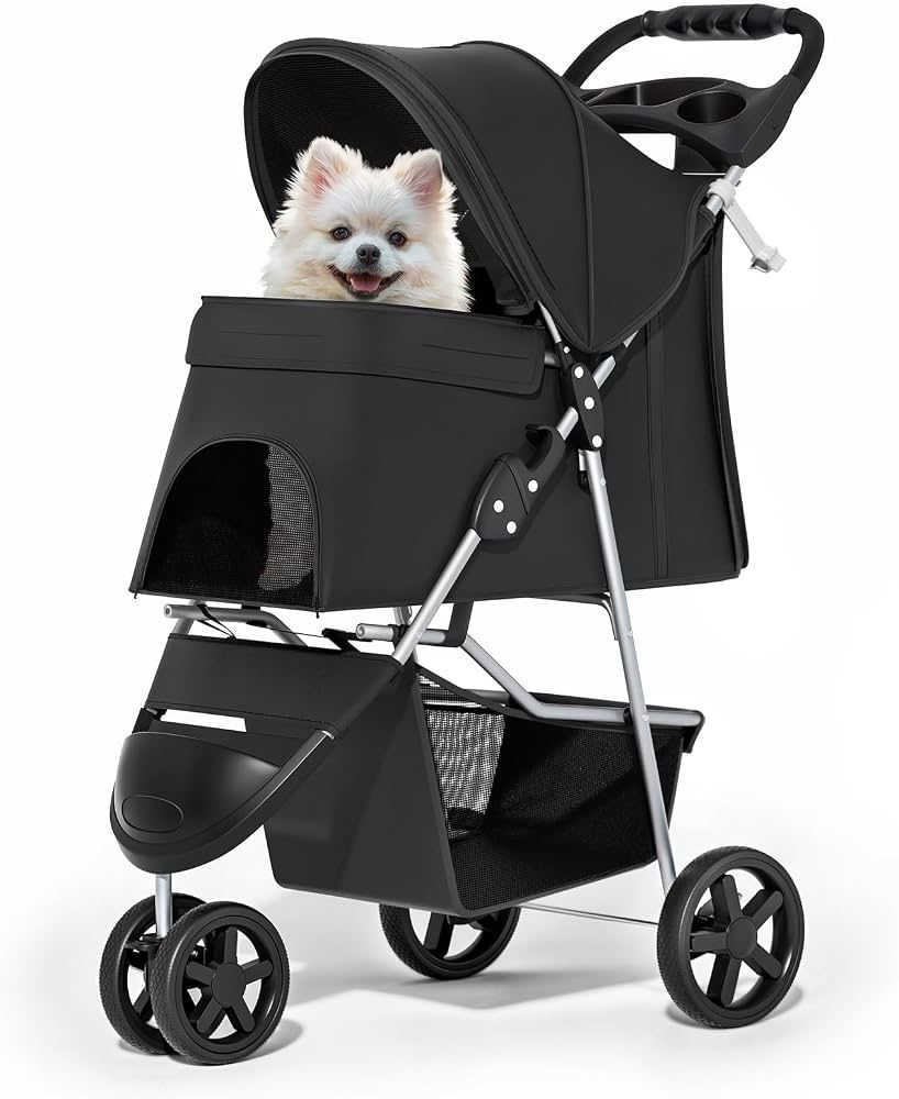 MoNiBloom Foldable 3-Wheel Pet Stroller w/ Weather Cover, Storage, Cup Holder - Black