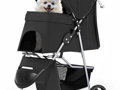 MoNiBloom Foldable 3-Wheel Pet Stroller w/ Weather Cover, Storage, Cup Holder - Black
