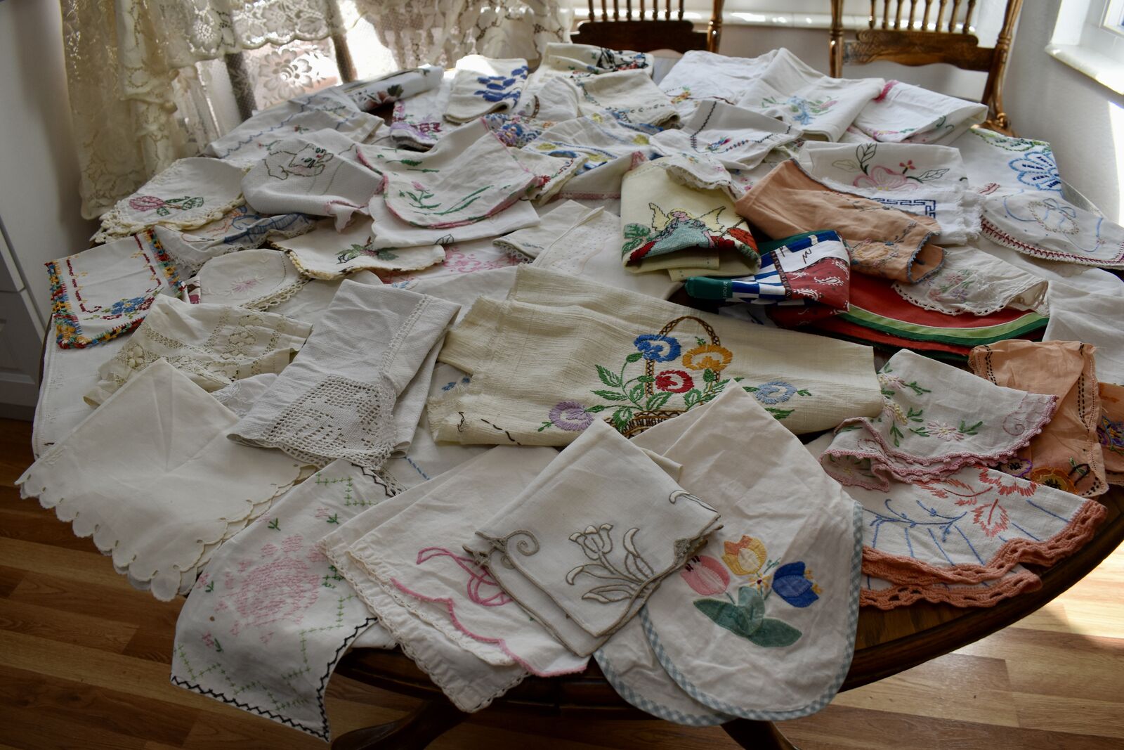 Several Vintage Embroidery / Crochet Fabric Linens Table Runners / Dresser Scarves For Fun Decor Or For Crafts