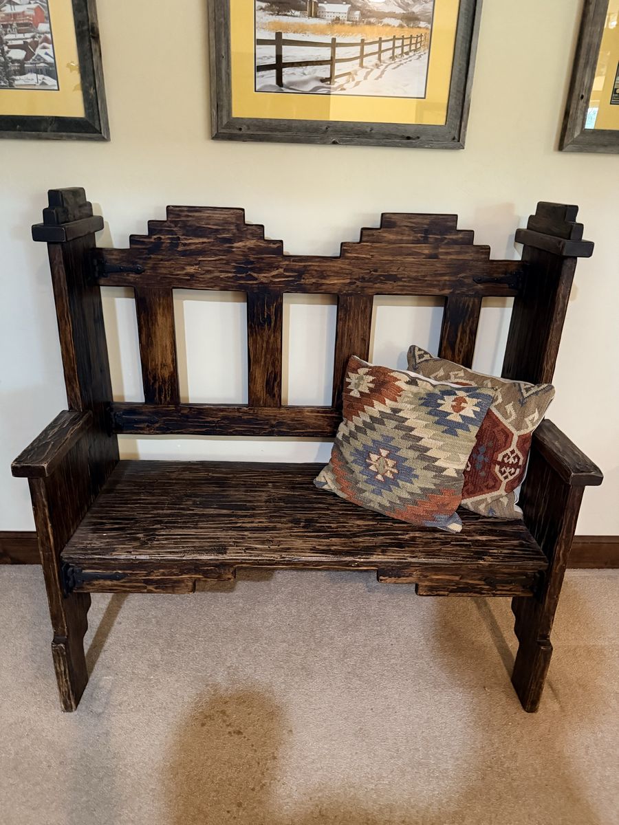 Handcrafted Dark Wood Bench with Southwestern Accents - Rustic Style Seating