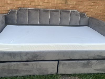 Grey Velvet Daybed Frame with Mattress and Storage Drawers