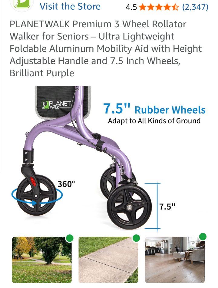PLANETWALK Premium 3 Wheel Rollator Walker - Purple Lightweight Foldable Aluminum Mobility Aid with 7.5 Inch Wheels