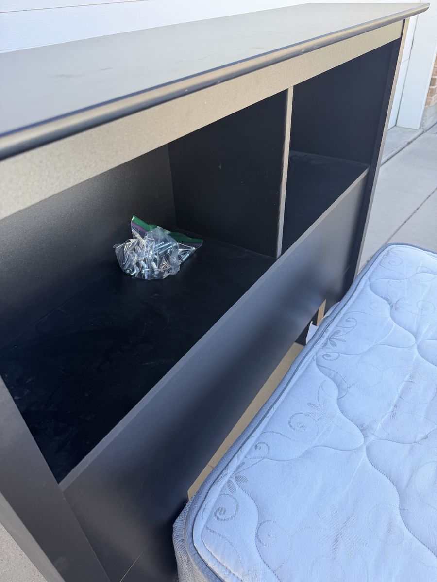 Twin size mattress, box spring and black frame
