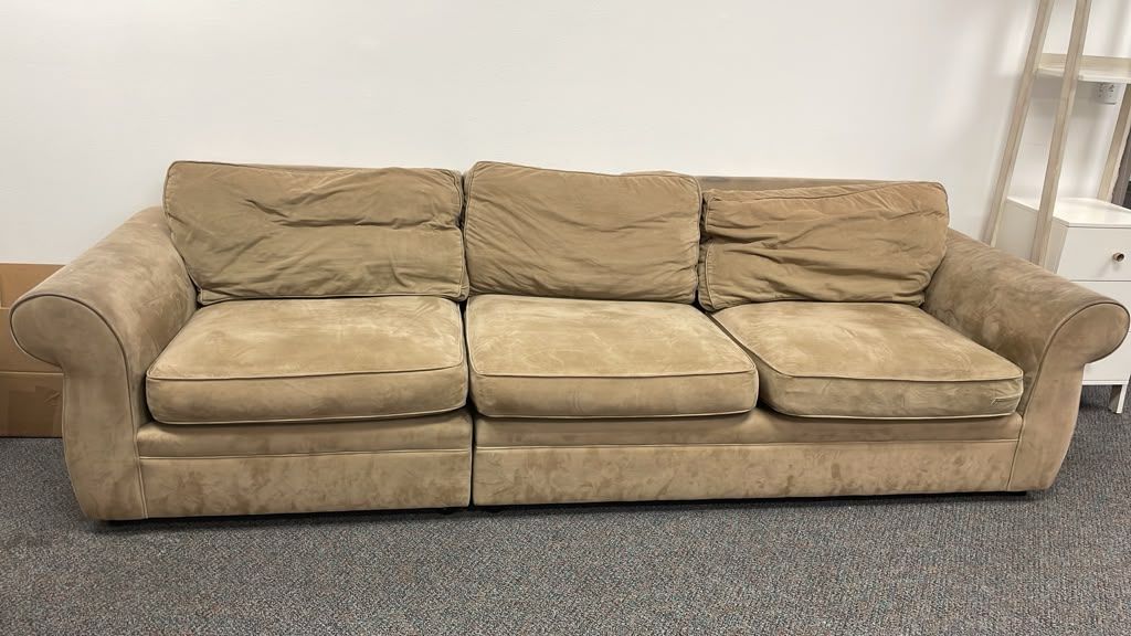 Large Beige Microfiber Fabric Sofa with Rolled Arms