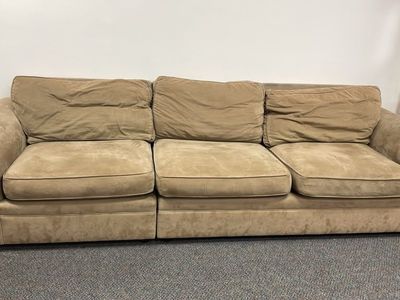 Large Beige Microfiber Fabric Sofa with Rolled Arms