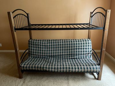 Twin Size over full size futon bunk bed set Metal & Wood Frame with Ladder & railings- Used, Good Condition