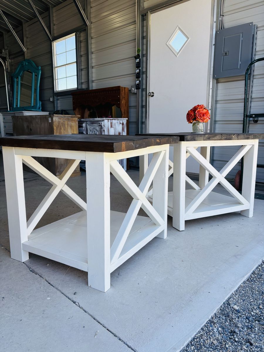 Handmade Rustic Farmhouse X-Base End Tables - Set of 2, White & Dark Wood Finish