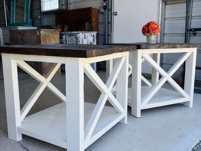 Handmade Rustic Farmhouse X-Base End Tables - Set of 2, White & Dark Wood Finish
