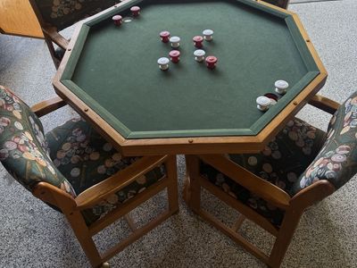 3-in-1 Solid Oak Poker, Bumper Pool & Dining Table Set – Includes 4 Chairs