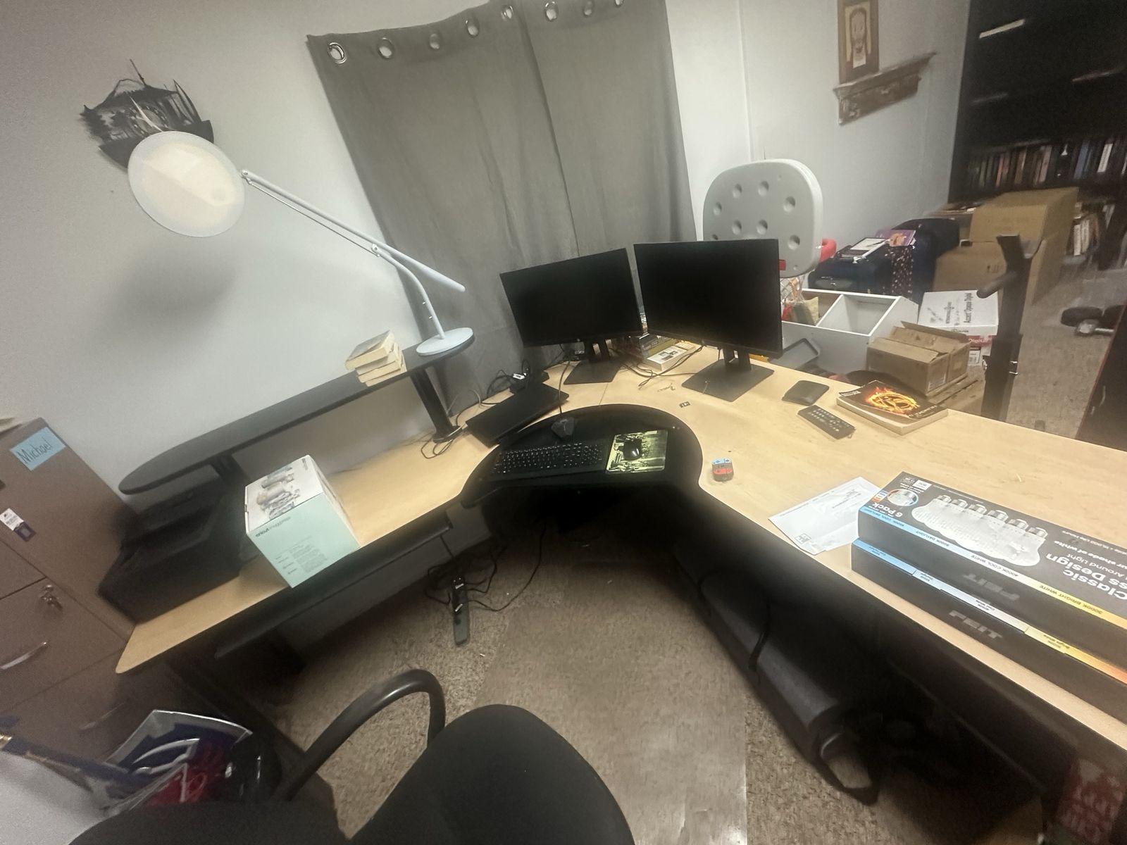 Commercial-Quality L-Shaped Corner Desk - 7ft Light Wood Laminate w/ Monitor Shelf